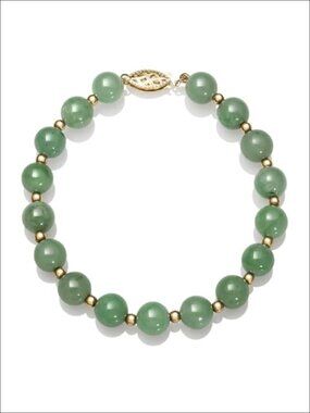 8mm Green Jade Beaded Bracelet with 14K Yellow Gold Accents